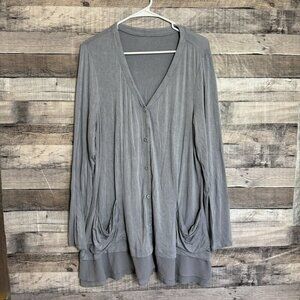 LOGO Lori Goldstein Cardigan Sweater Large Gray Layered Pockets